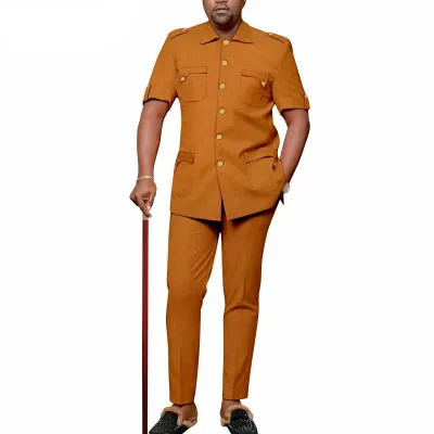 Men Fashion Casual Solid Color Lapel Short-Sleeve Buttons Top Slim Fit Pants Two-Piece Set