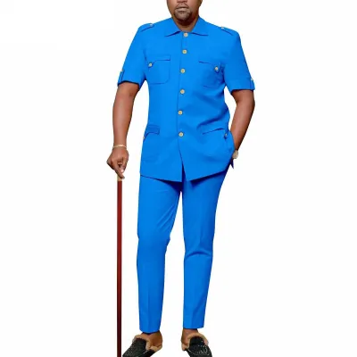 Men Fashion Casual Solid Color Lapel Short-Sleeve Buttons Top Slim Fit Pants Two-Piece Set