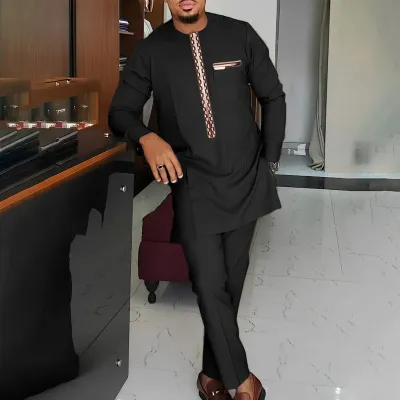 Men Fashion Casual Round-Neck Long-Sleeve Kaftan Dress Slim Fit Pants Two-Piece Set