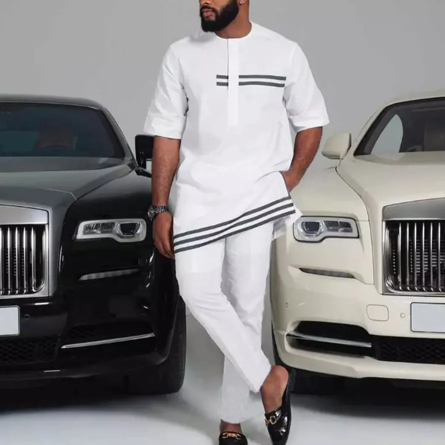 Men Fashion Casual Stripe Short-Sleeve Loose Kaftan Dress Slim Fit Pants Two-Piece Set