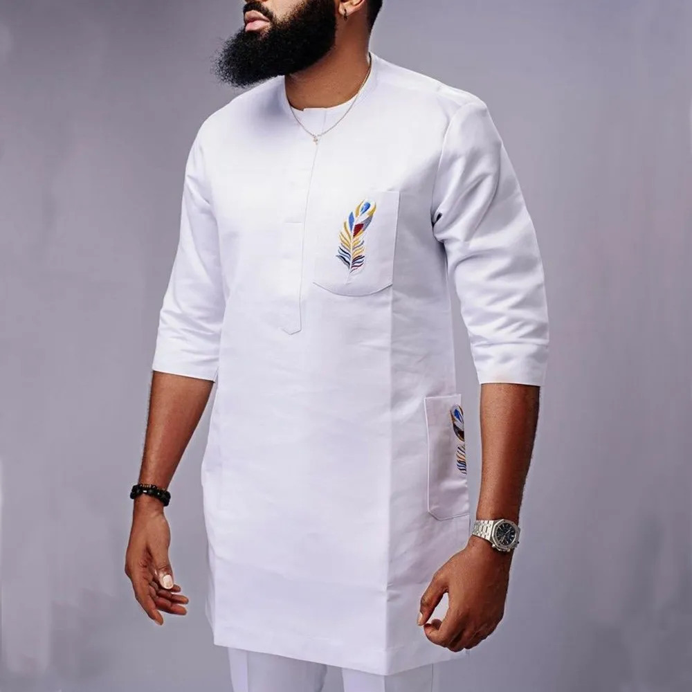 Men Fashion Casual Multicolor Embroidery Short-Sleeve Kaftan Dress Slim Fit Pants Two-Piece Set