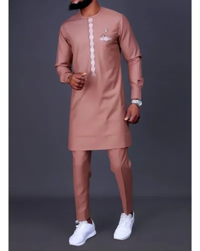 Men Fashion Casual Long-Sleeve Side Slit Kaftan Dress Slim Fit Pants Two-Piece Set