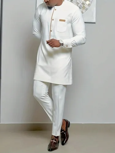 Men Fashion Casual Long-Sleeve Side Slit Kaftan Dress Slim Fit Pants Two-Piece Set