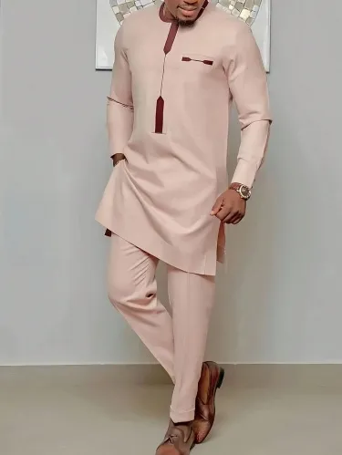 Men Fashion Casual Long-Sleeve Side Slit Kaftan Dress Slim Fit Pants Two-Piece Set