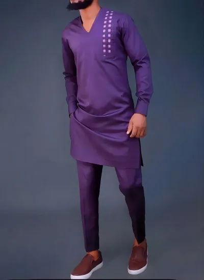 Men Fashion Casual Long-Sleeve Side Slit Kaftan Dress Slim Fit Pants Two-Piece Set