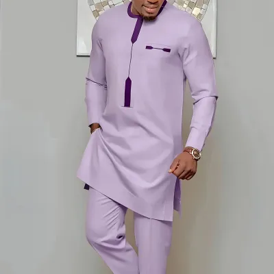 Men Fashion Casual Long-Sleeve Side Slit Kaftan Dress Slim Fit Pants Two-Piece Set