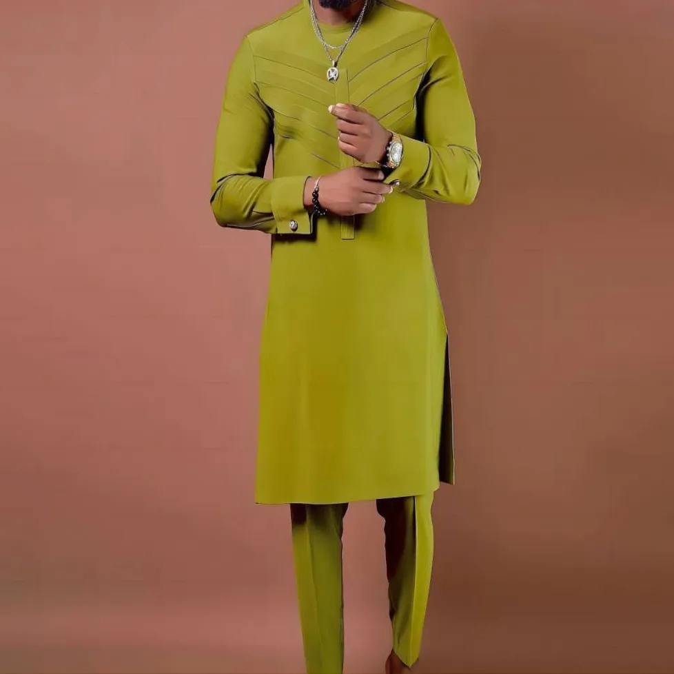Men Fashion Casual Long-Sleeve Side Slit Kaftan Dress Slim Fit Pants Two-Piece Set
