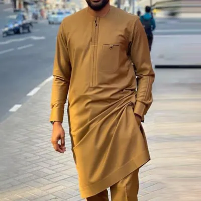 Men Fashion Casual Long-Sleeve Kaftan Dress Slim Fit Pants Two-Piece Set