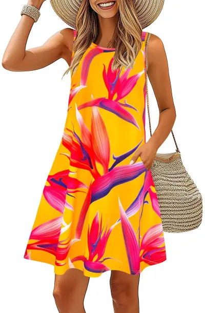 Women Casual Printed Sleeveless Round Neck A-Line Midi Dress with Pockets