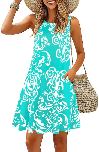Women Casual Printed Sleeveless Round Neck A-Line Midi Dress with Pockets