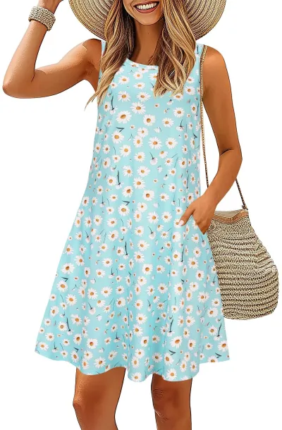 Women Casual Printed Sleeveless Round Neck A-Line Midi Dress with Pockets