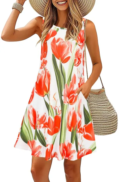Women Casual Printed Sleeveless Round Neck A-Line Midi Dress with Pockets