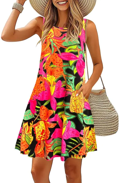 Women Casual Printed Sleeveless Round Neck A-Line Midi Dress with Pockets