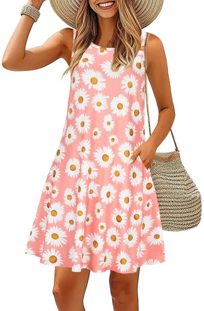 Women Casual Printed Sleeveless Round Neck A-Line Midi Dress with Pockets