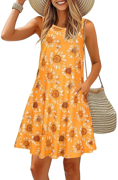 Women Casual Printed Sleeveless Round Neck A-Line Midi Dress with Pockets