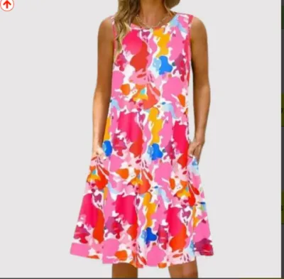 Women Casual Printed Sleeveless Round Neck A-Line Midi Dress with Pockets
