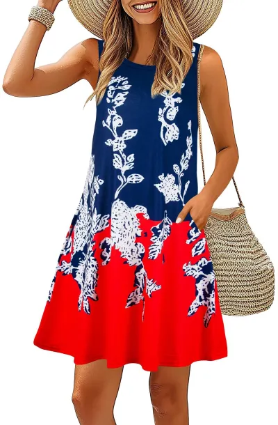 Women Casual Printed Sleeveless Round Neck A-Line Midi Dress with Pockets