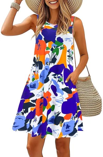 Women Casual Printed Sleeveless Round Neck A-Line Midi Dress with Pockets
