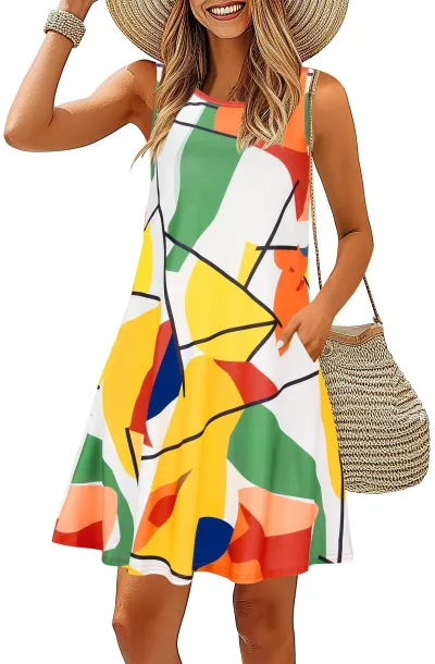 Women Casual Printed Sleeveless Round Neck A-Line Midi Dress with Pockets