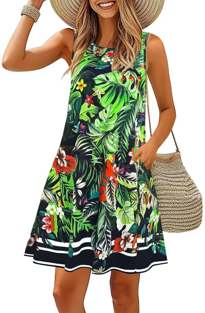 Women Casual Printed Sleeveless Round Neck A-Line Midi Dress with Pockets