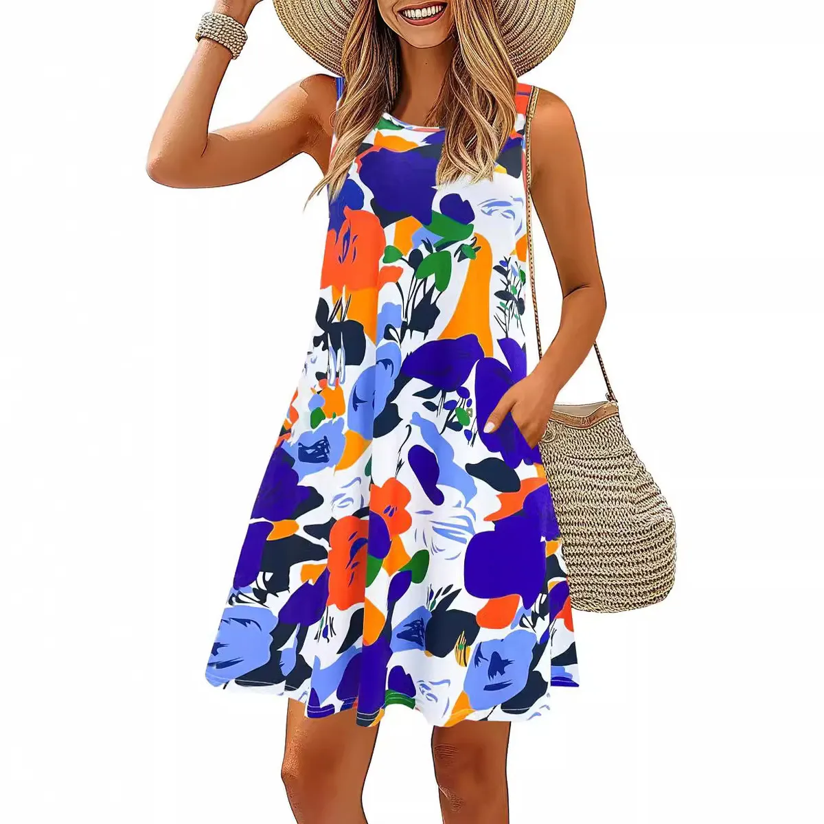 Women Casual Printed Sleeveless Round Neck A-Line Midi Dress with Pockets