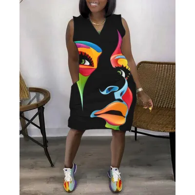 Women Casual V-Neck Sleeveless Dress