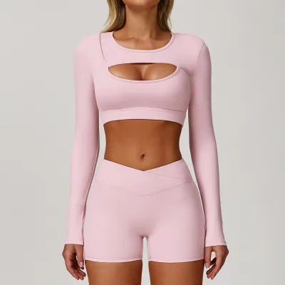 Women's Casual Solid Color Long Sleeve Hollow-Out Yoga Sports T-Shirt