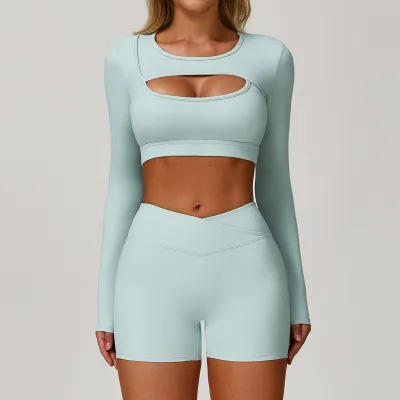 Women's Casual Solid Color Long Sleeve Hollow-Out Yoga Sports T-Shirt