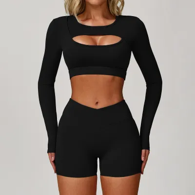 Women's Casual Solid Color Long Sleeve Hollow-Out Yoga Sports T-Shirt