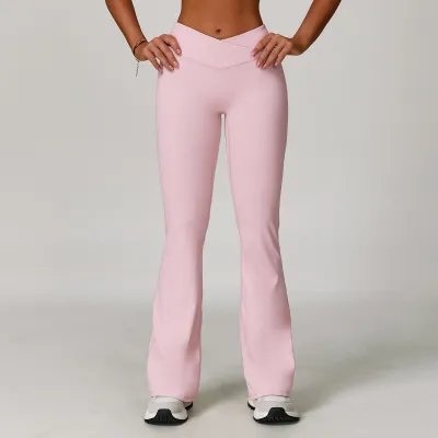 Women Casual Solid Color Crossed High Waist Tight Flared Yoga Pants