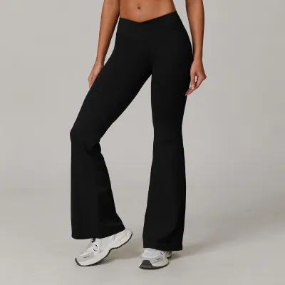 Women Casual Solid Color Crossed High Waist Tight Flared Yoga Pants