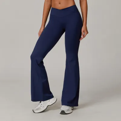 Women Casual Solid Color Crossed High Waist Tight Flared Yoga Pants