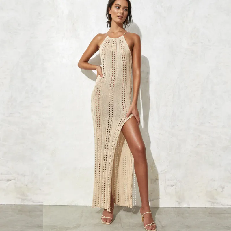 Women Sexy Solid Color Side Split Backless Beach Dress