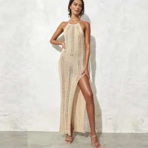 Women Sexy Solid Color Side Split Backless Beach Dress