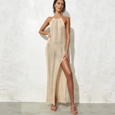Women Sexy Solid Color Side Split Backless Beach Dress