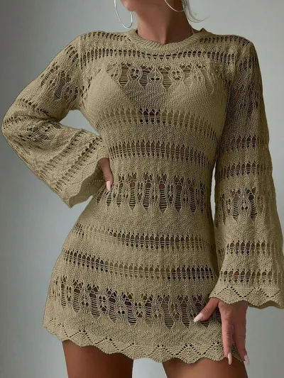 Women's Hollow Knitted Beach Cover-Up - Solid Color Swimwear