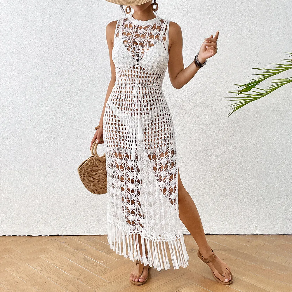 Women Fashion Solid Color Knitted Hollow Tassel Swimwear Cover-Ups