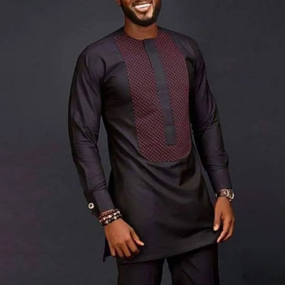 Men Fashion Casual Color Block Round Neck Long-Sleeve Kaftan Dress Slim Fit Pants 2-Piece Set