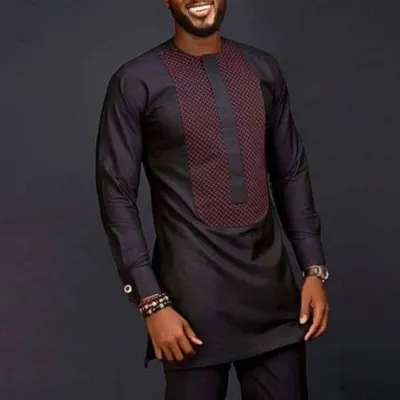 Men Fashion Casual Color Block Round Neck Long-Sleeve Kaftan Dress Slim Fit Pants 2-Piece Set