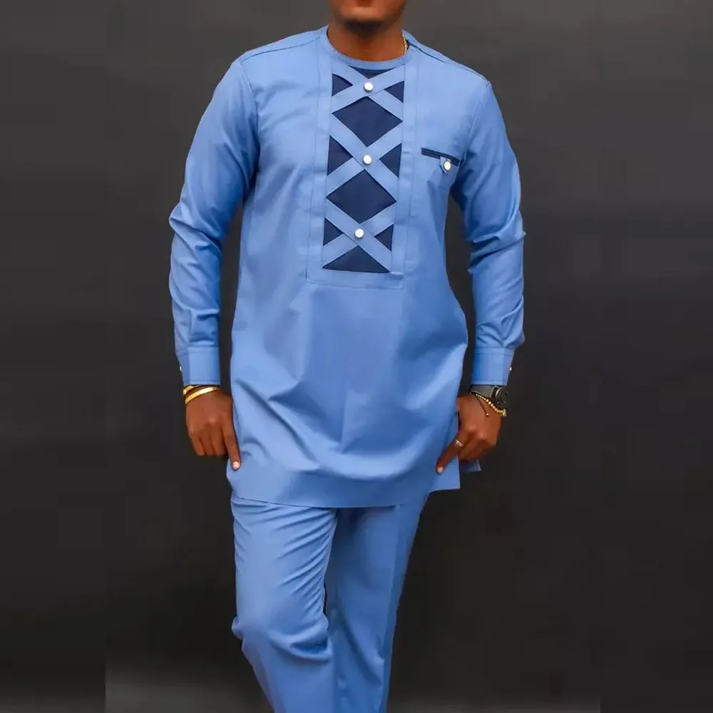 Men Fashion Casual Color Block Round Neck Long-Sleeve Kaftan Dress Slim Fit Pants 2-Piece Set
