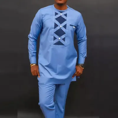 Men Fashion Casual Color Block Round Neck Long-Sleeve Kaftan Dress Slim Fit Pants 2-Piece Set