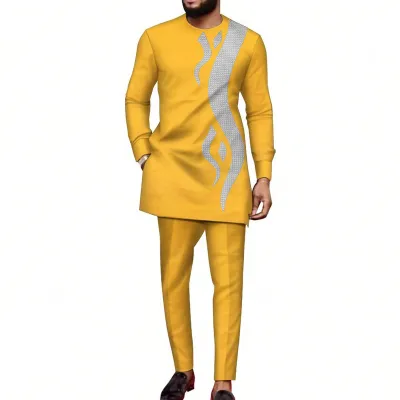 Men Fashion Casual Printed Round Neck Long-Sleeve Kaftan Dress Slim Fit Pants 2-Piece Set