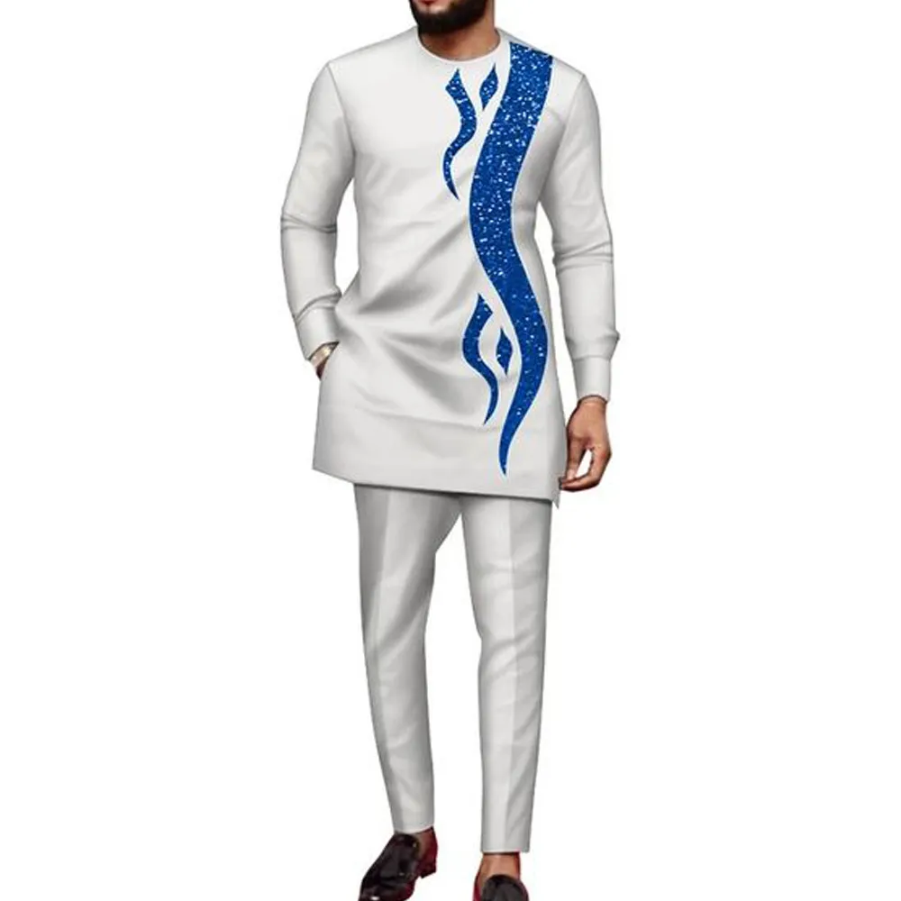 Men Fashion Casual Printed Round Neck Long-Sleeve Kaftan Dress Slim Fit Pants 2-Piece Set