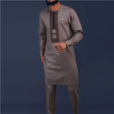 Men Fashion Casual Color Block Round Neck Long-Sleeve Kaftan Dress Slim Fit Pants 2-Piece Set
