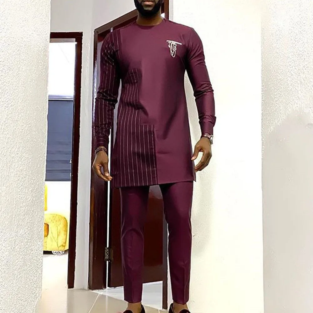 Men Fashion Casual Stripe Long-Sleeve Kaftan Dress Slim Fit Pants 2-Piece Set