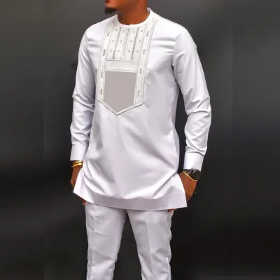 Men Fashion Casual Embroidered Long-Sleeve T-Shirt Slim Fit Pants 2-Piece Set