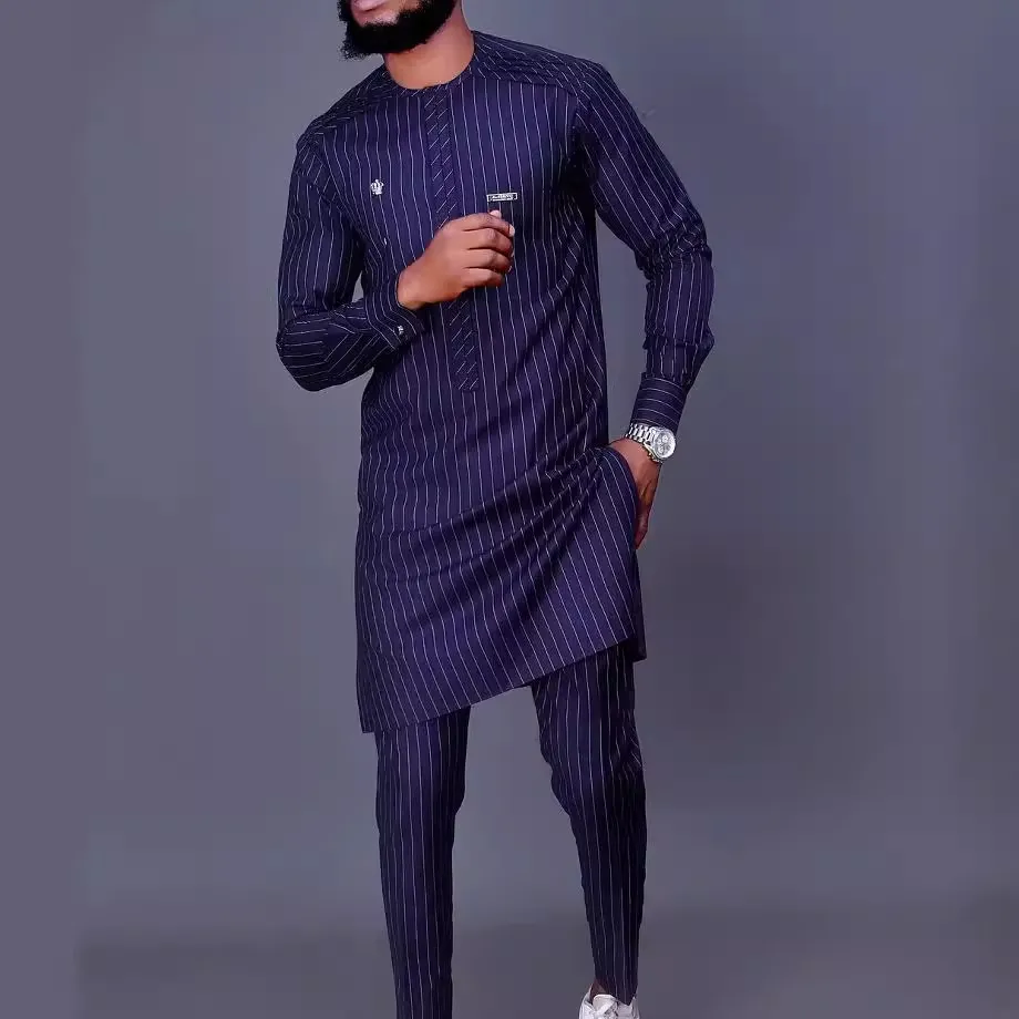 Men Fashion Casual Stripe Long-Sleeve Kaftan Dress Slim Fit Pants 2-Piece Set