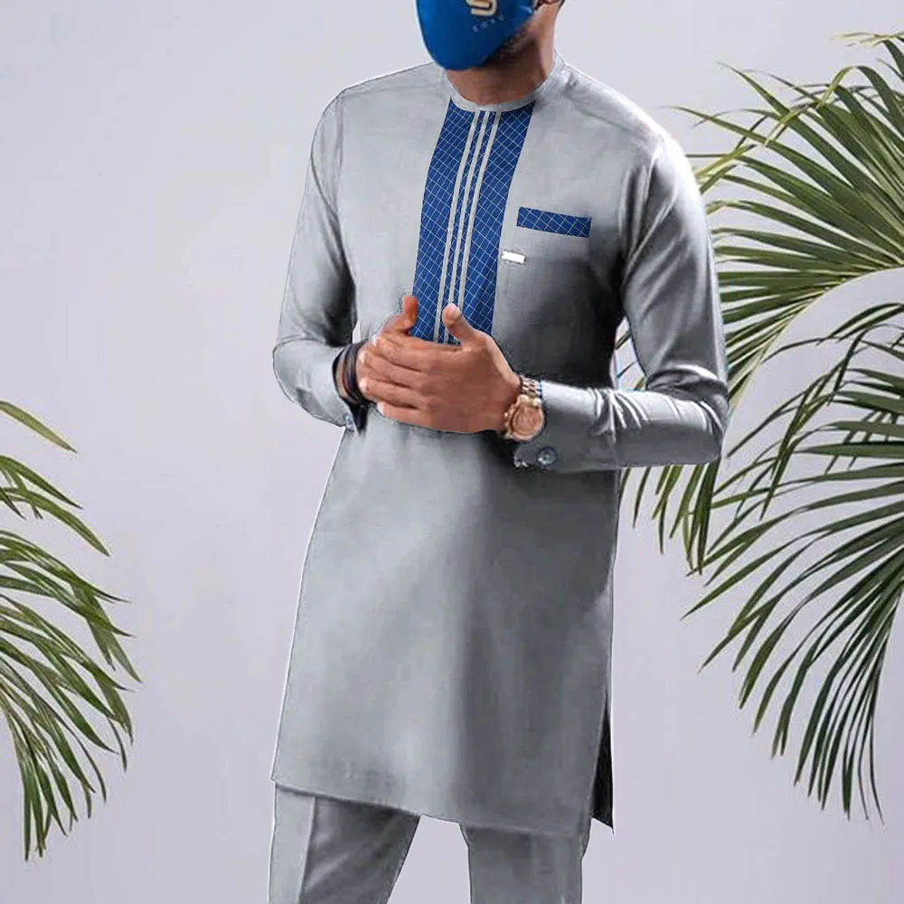 Men Fashion Casual Printed Long-Sleeve Kaftan Dress Slim Fit Pants 2-Piece Set