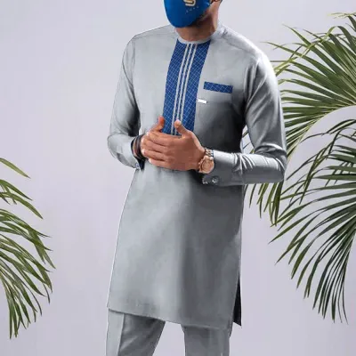 Men Fashion Casual Printed Long-Sleeve Kaftan Dress Slim Fit Pants 2-Piece Set
