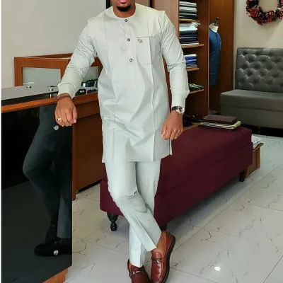 Men Casual Simple Long-Sleeve Kaftan Dress Slim Fit Pants 2-Piece Set
